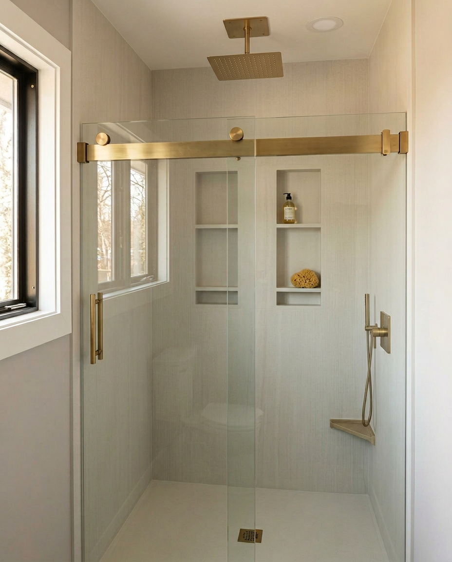 Marble shower detail with brass fixtures