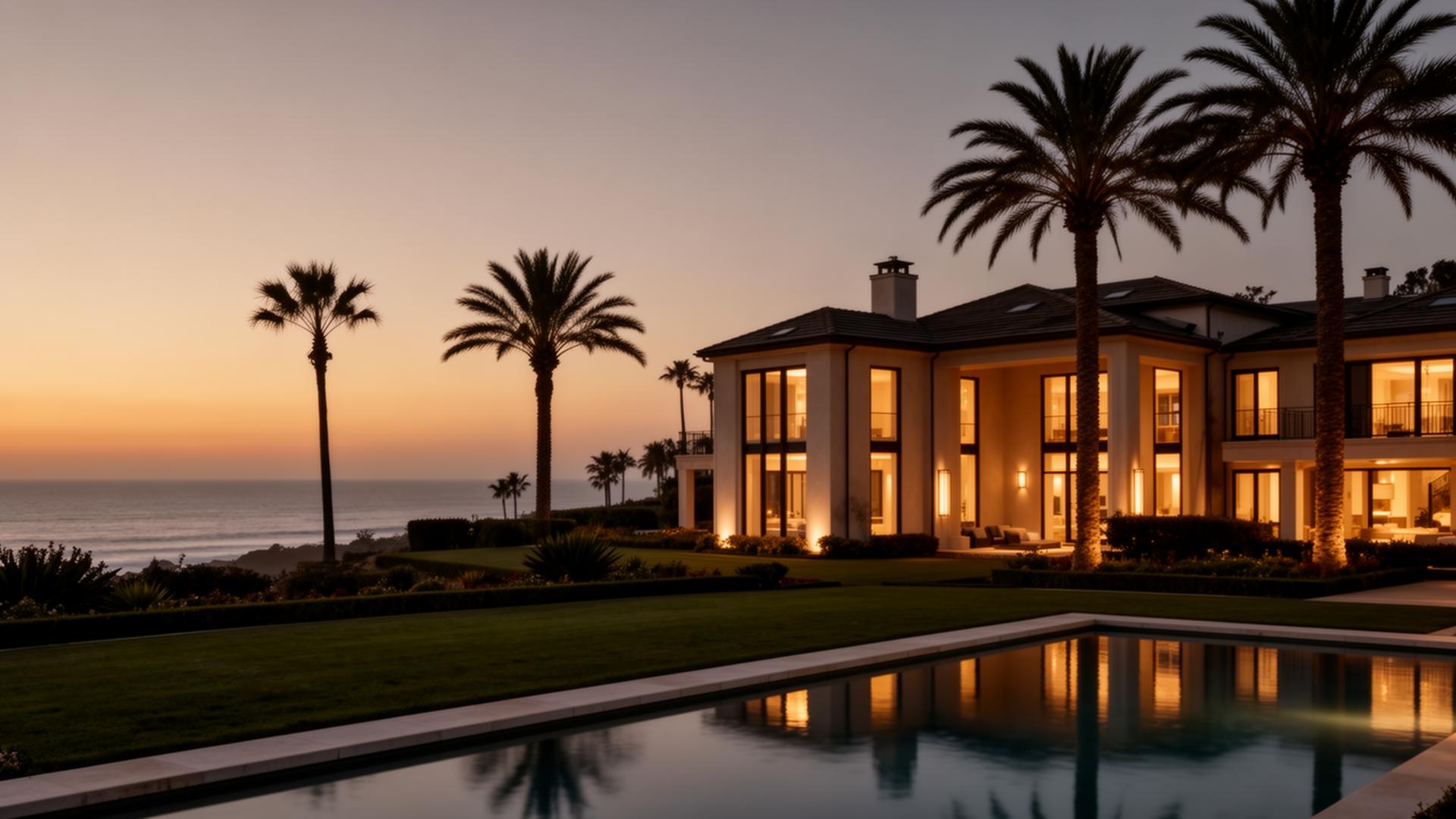 Orange County coastal estate at twilight