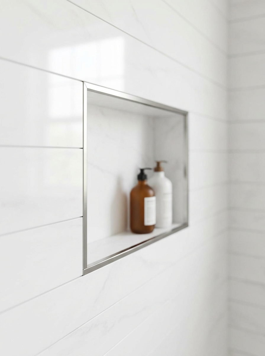 Close-up detail of a built-in shower niche with brushed nickel trim and Onyx-style paneling
