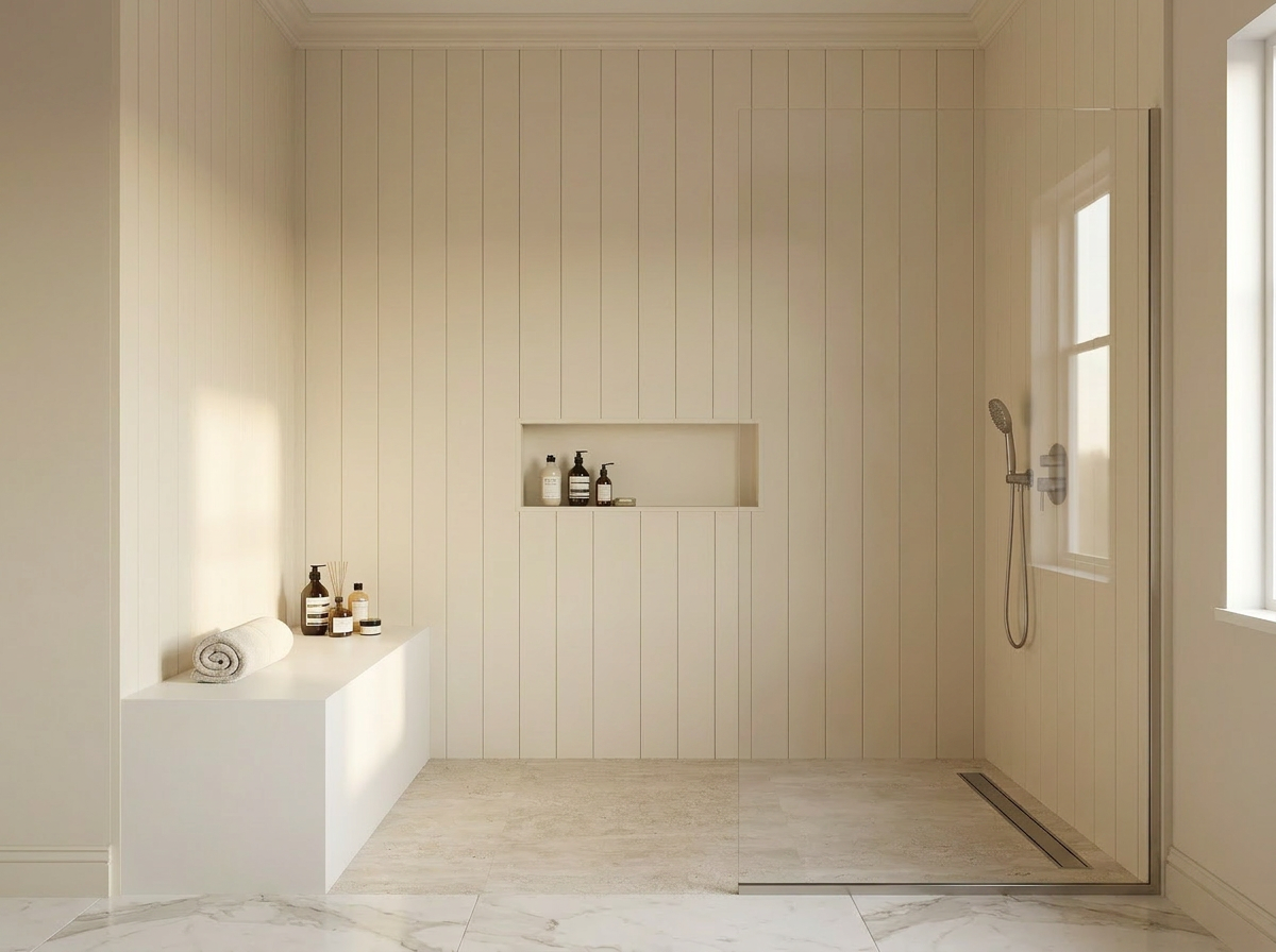 Close-up of a built-in bench seat in a luxury walk-in shower with warm stone tile and brushed nickel fixtures