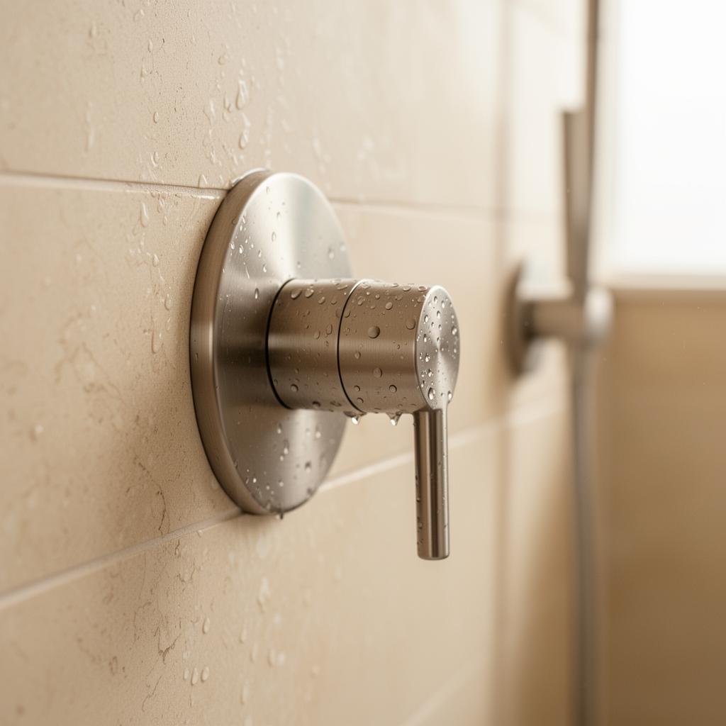 Brushed nickel shower fixture detail on warm stone tile